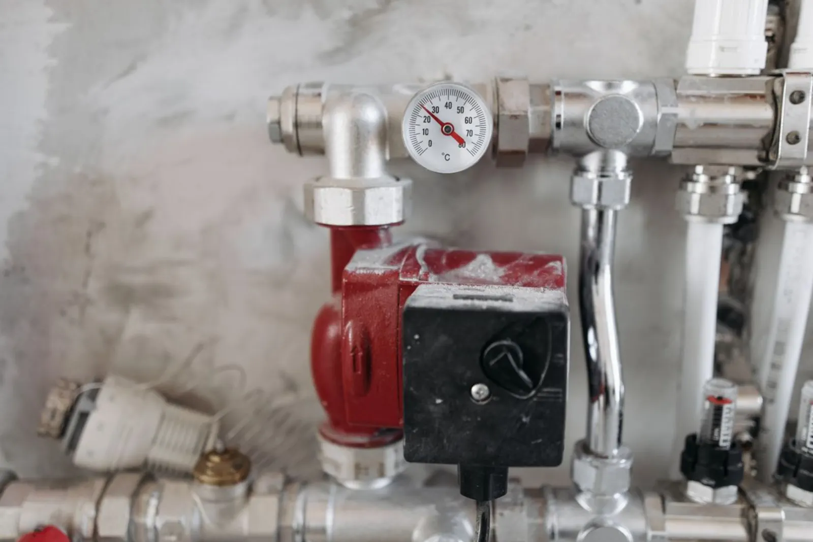 Circulator pump and pressure gauge on a hydronic heating system