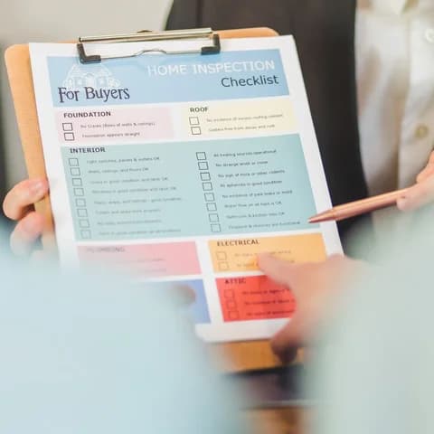 Two people reviewing a home inspection checklist on a clipboard
