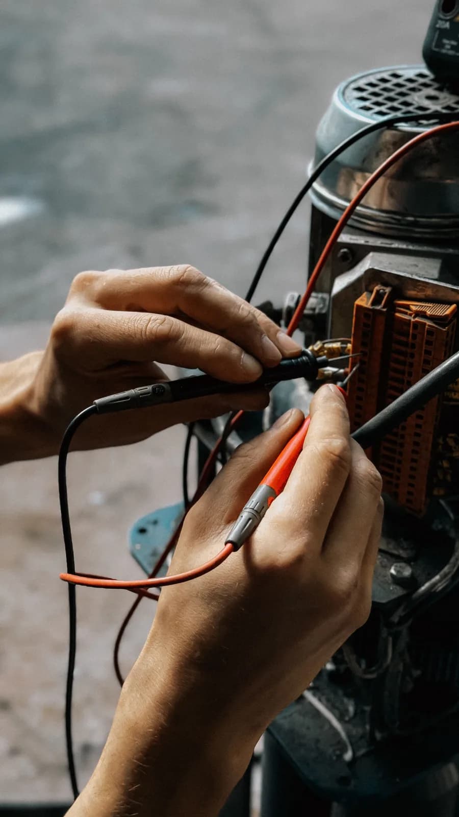 Close-up of a technician's hands testing heating equipment with a multimeter