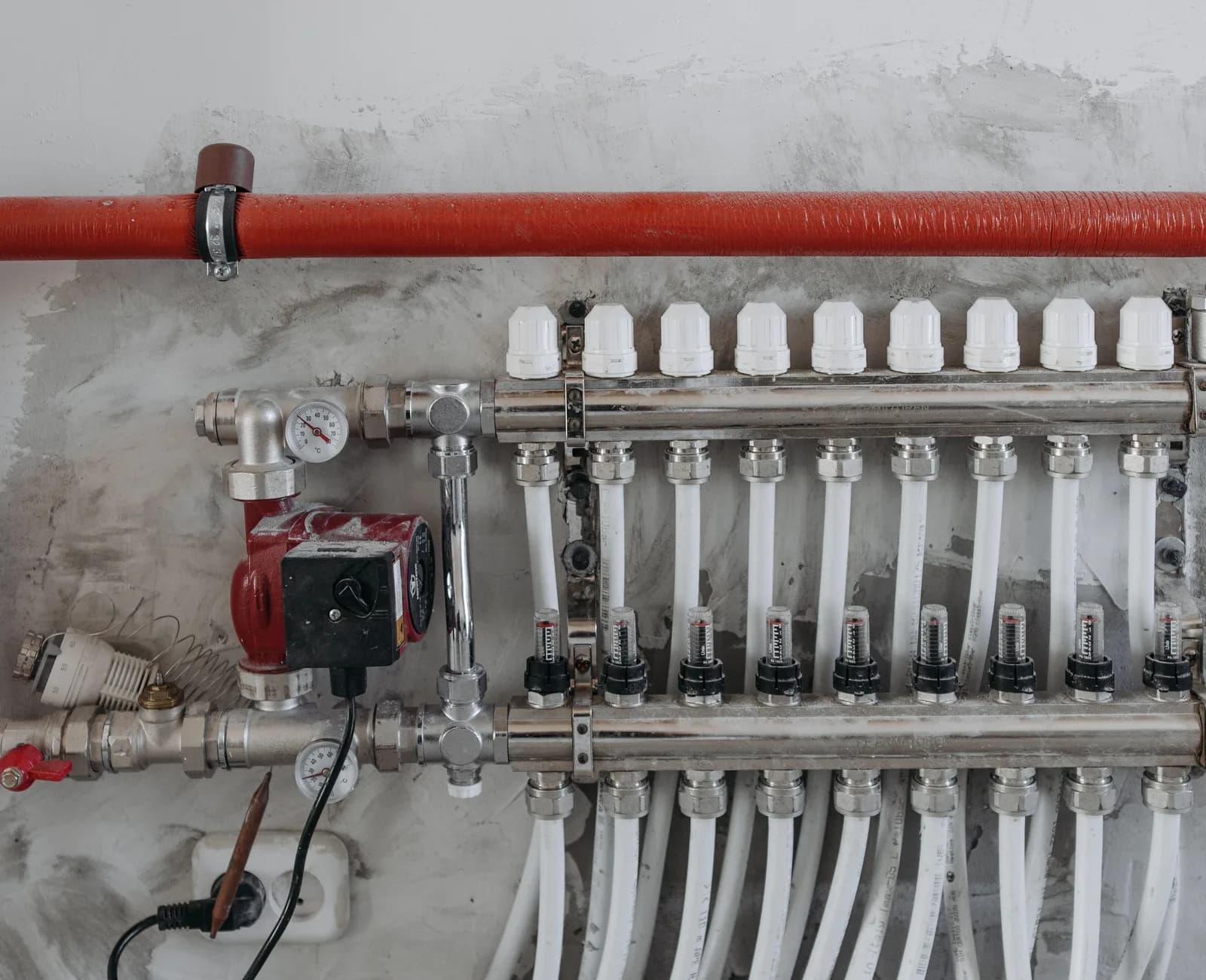 Stainless steel underfloor-heating manifold with nine PEX loops, flow meters, gauges, and a red circulator pump feeding a radiant floor system.